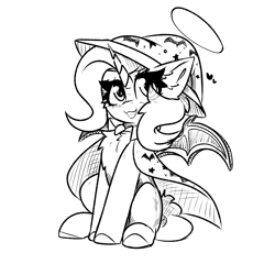 Size: 2000x2000 | Tagged: safe, artist:jubyskylines, trixie, pony, unicorn, g4, bat wings, big eyelashes, black and white, cape, cardboard wings, chest fluff, clothes, costume, cute, diatrixes, fake wings, grayscale, halloween, halloween costume, hat, horn, monochrome, simple background, solo, white background, wings