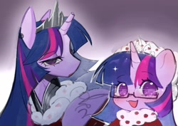 Size: 2160x1529 | Tagged: safe, artist:moshuijiumu, twilight sparkle, alicorn, pony, g4, blushing, body armor, broken horn, chibi, clothes, crown, female, glasses, gradient background, hat, horn, jewelry, mare, older, older twilight, older twilight sparkle (alicorn), regalia, sparkles, twilight sparkle (alicorn), upper body, winter outfit