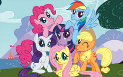 Size: 1024x640 | Tagged: safe, artist:christophr1, applejack, fluttershy, pinkie pie, rainbow dash, rarity, twilight sparkle, alicorn, earth pony, pegasus, pony, unicorn, g4, duckface, female, lying down, mane six, mane six opening poses, mare, outdoors, ponyloaf, prone, twilight sparkle (alicorn)