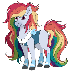 Size: 745x779 | Tagged: safe, artist:byefella, rainbow dash, horse, g4, blue coat, clothes, female, mare, multicolored hair, rainbow hair, simple background, socks, solo, style emulation, transparent background, unshorn fetlocks, wild manes, wild manesified