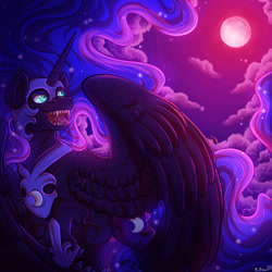 Size: 1000x1000 | Tagged: safe, artist:binibean, nightmare moon, alicorn, pony, g4, blood moon, concave belly, ethereal mane, female, mare, moon, night, sharp teeth, signature, solo, speedpaint available, teeth