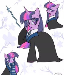 Size: 1735x2048 | Tagged: safe, artist:petaltwinkle, twilight sparkle, pony, unicorn, g4, clothes, fanart, glasses, harry potter, harry potter (series), horn, magic wand, ravenclaw, scarf, solo, striped scarf, unicorn twilight, wand