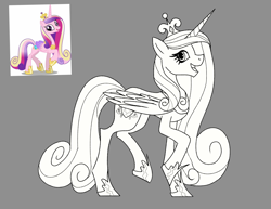 Size: 3300x2550 | Tagged: safe, artist:itsmaye07, princess cadance, alicorn, pony, g4, concave belly, crown, eyelashes, female, folded wings, gray background, hoof shoes, jewelry, long mane, looking at you, looking sideways, mare, monochrome, open mouth, open smile, peytral, princess shoes, reference used, regalia, side view, simple background, slender, smiling, solo, standing on two hooves, thin, wings