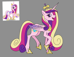 Size: 3300x2550 | Tagged: safe, artist:itsmaye07, princess cadance, alicorn, pony, g4, colored, concave belly, crown, eyelashes, female, flat colors, folded wings, gray background, hoof shoes, jewelry, long mane, looking at you, looking sideways, mare, open mouth, open smile, peytral, princess shoes, reference used, regalia, side view, simple background, slender, smiling, solo, standing on two hooves, thin, wings