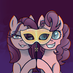 Size: 3000x3000 | Tagged: safe, artist:byefella, pinkie pie, earth pony, pony, g4, abstract background, duality, duo, female, lidded eyes, mare, masquerade mask, pinkamena diane pie, self paradox, self ponidox, smiling