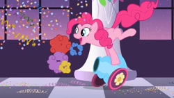 Size: 1280x720 | Tagged: safe, screencap, pinkie pie, earth pony, pony, g4, my little pony: friendship is magic, season 2, sweet and elite, confetti, female, indoors, mare, party cannon, solo