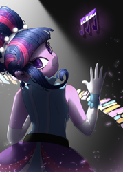 Size: 2500x3500 | Tagged: safe, artist:medkit, twilight sparkle, human, rainbow rocks 10th anniversary, equestria girls, friendship through the ages, g4, my little pony equestria girls: rainbow rocks, accessory, beads, blue hair, bun, buttons, cel shading, clothes, colored eyelashes, colored lineart, colored pupils, dress, eye clipping through hair, eyebrows, eyebrows visible through hair, eyes open, fanart, female, fringe, glitter, gloves, glowing, gritted teeth, hairstyle, hand, head up, high res, indoors, lightly watermarked, long gloves, looking at you, looking back, looking back at you, music notes, musical instrument, neck, paint tool sai 2, pattern, piano, piano keys, purple eyes, raised hand, shading, signature, smiling, smiling at you, solo, spine, teeth, vertical, wall of tags, watermark