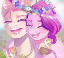 Size: 1200x1080 | Tagged: safe, artist:frank3dz, pipp petals, posey bloom, earth pony, pegasus, pony, g5, bust, cheek to cheek, duo, duo female, eyes closed, female, floral head wreath, flower, hoof around neck, hug, jewelry, laughing, laughingmares.jpg, mare, necklace, open mouth, open smile, outdoors, smiling