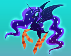 Size: 1908x1495 | Tagged: safe, artist:acura, nightmare moon, alicorn, pony, mlp fim's fourteenth anniversary, g4, clothes, colored eyelashes, ethereal mane, ethereal tail, eyeshadow, female, gradient background, long legs, long mane, long tail, makeup, mare, missing accessory, orange mouth, purple eyelashes, socks, solo, sparkles, sparkly mane, sparkly tail, spread wings, striped socks, stylized, tail, teal background, thin, wings