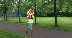 Size: 1474x786 | Tagged: safe, artist:yungstuff, sunset shimmer, human, equestria girls, g4, equestria girls in real life, female, irl, outdoors, photo, real life background, solo, tree