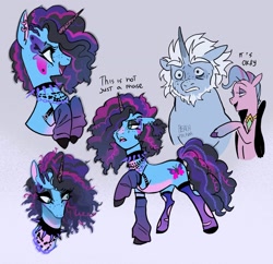 Size: 2048x1981 | Tagged: safe, artist:peachmichea, alphabittle blossomforth, misty brightdawn, queen haven, pegasus, pony, unicorn, g5, choker, concave belly, female, goth, goth misty, high res, horn, it's a phase, it's not a phase, makeup, male, mare, open mouth, open smile, simple background, smiling, spiked choker, stallion, trio, worried