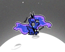 Size: 963x774 | Tagged: safe, artist:opalacorn, princess luna, alicorn, pony, g4, big eyes, chibi, close-up, cute, female, floppy ears, frown, full moon, inktober, inktober 2024, lunabetes, mare, moon, sad, sadorable, sitting, solo, tangible heavenly object, teary eyes