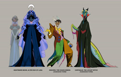 Size: 6939x4401 | Tagged: safe, artist:bixels, discord, nightmare moon, princess luna, queen chrysalis, deity, human, mantis, the grand galloping 20s, g4, absurd resolution, antlers, armor, bowtie, cane, clothes, dark skin, dress, eyebrows, fangs, female, gown, gray background, grin, helmet, horn, horned humanization, humanized, insectoid, male, moderate dark skin, raised eyebrow, simple background, slit pupils, smiling, snaggletooth, trio, veil, zoot suit