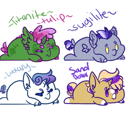 Size: 2000x1800 | Tagged: safe, artist:cactiflowers, oc, oc only, oc:luxury de contenu de coeur, oc:sand dollar, oc:sugilite, oc:titanite tulip, dracony, hybrid, pony, base used, cute, dot eyes, interspecies offspring, lying down, offspring, parent:fancypants, parent:rarity, parent:spike, parent:thunderlane, parent:trenderhoof, parents:rarilane, parents:raripants, parents:sparity, parents:trenderity, prone, simple background, sploot, white background