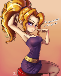 Size: 810x1000 | Tagged: safe, artist:the-park, adagio dazzle, human, equestria girls, g4, adoragio, alternate hairstyle, arm behind head, armpits, bare shoulders, breasts, cleavage, cute, female, gradient background, lidded eyes, ponytail, question, sitting, skinny, sleeveless, solo, strapless, thin