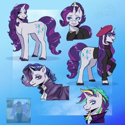 Size: 2500x2500 | Tagged: safe, artist:slapearl, rarity, pony, unicorn, g4, alternate cutie mark, alternate hairstyle, audrey hepburn, beatnik rarity, beret, blue background, breakfast at tiffany's, bust, clothes, dress, ear piercing, earring, evening gloves, eyeshadow, female, full body, gloves, grin, hat, holly golightly, horn, jewelry, lips, lipstick, long gloves, makeup, mare, narrowed eyes, necklace, open mouth, piercing, portrait, punk, raised hoof, raripunk, redesign, shirt, smiling, solo, suit, sweater, unshorn fetlocks