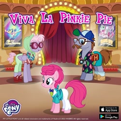 Size: 1080x1080 | Tagged: safe, gameloft, country mile, pacifica, pinkie pie, trapeze star, earth pony, pegasus, pony, g4, alternate hairstyle, alternate tailstyle, bowtie, indoors, las pegasus, tail