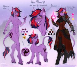 Size: 2650x2280 | Tagged: safe, artist:noizen, oc, oc only, oc:lina phantom, hybrid, pony, unicorn, anthro, armor, big breasts, breasts, claws, clothes, cyrillic, ear fluff, ear piercing, facial scar, female, horn, horseshoes, leonine tail, long tongue, magic, piercing, reference sheet, scar, slit pupils, smiling, tail, tongue out, yellow eyes