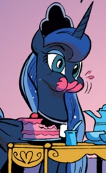 Size: 270x438 | Tagged: safe, artist:andy price, idw, official comic, princess luna, alicorn, pony, friendship is magic #18, g4, my little pony: friendship is magic (idw), cake, cakeluna, cheek bulge, cropped, crown, cute, eating, female, folded wings, food, horn, jewelry, lunabetes, mare, messy eating, peytral, regalia, solo, wings