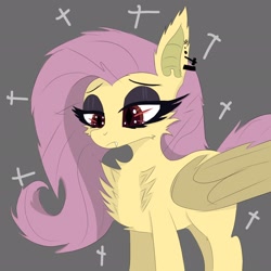 Size: 2048x2048 | Tagged: safe, artist:worny, fluttershy, bat pony, pegasus, pony, undead, vampire, g4, bat ponified, bedroom eyes, colored, cross, eyelashes, eyeshadow, female, flutterbat, goth, gray background, gray eyeshadow, makeup, piercing, race swap, simple background, sketch, solo