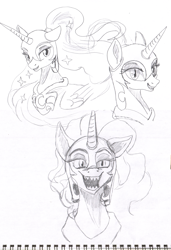 Size: 2703x3946 | Tagged: safe, artist:ciaran, derpibooru exclusive, nightmare moon, alicorn, pony, mlp fim's fourteenth anniversary, g4, eyeshadow, female, helmet, illustration, lidded eyes, long mane, looking at you, makeup, mare, open mouth, pencil drawing, peytral, sharp teeth, simple background, sketch, sketch dump, smiling, solo, sternocleidomastoid, teeth, traditional art, white background