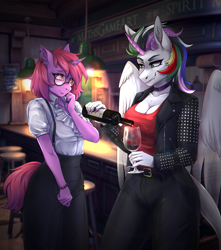 Size: 1500x1700 | Tagged: safe, artist:serodart, oc, oc only, oc:izma acid, oc:soules phantom, original species, unicorn, anthro, alcohol, bar, bottle, choker, clothes, commission, drink, glass, glasses, horn, indoors, jacket, leather, leather jacket, shy, smiling, wine, wine bottle, wine glass, wings