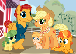 Size: 3945x2820 | Tagged: safe, artist:brooke mccan, applejack, oc, oc:cave glider, earth pony, pony, g4, canon x oc, clothes, colt, family, female, filly, foal, future, granny smith's shawl, hoof in mouth, male, mare, offspring, older, older applejack, outdoors, parent:applejack, parent:oc:cave glider, parents:canon x oc, puffy cheeks, shawl, ship:caveapple, shipping, show accurate, stallion, straight, sweet apple acres