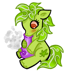 Size: 1454x1463 | Tagged: safe, artist:twipiebongrip, oc, oc only, oc:stoney poney, earth pony, pony, g4, bloodshot eyes, blushing, bong, drugs, eyelashess, green coat, green mane, marijuana, red eyes, simple background, sitting, smoke, smoking, solo, weeds, white background