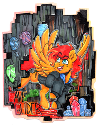 Size: 4083x5139 | Tagged: safe, artist:twisted-sketch, oc, oc only, oc:cave glider, badge, cave, clothes, flying, gem, happy, hoodie, large wings, name, solo, wings