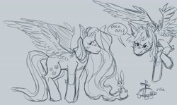 Size: 4096x2448 | Tagged: safe, artist:smoke_signs, angel bunny, fluttershy, rainbow dash, tank, pegasus, pony, rabbit, tortoise, g4, animal, deez nuts, dialogue, flying, gray background, male, simple background, sketch, speech bubble, spread wings, wings