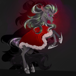 Size: 1024x1024 | Tagged: safe, artist:hoszzek, king sombra, pony, unicorn, g4, alternate hairstyle, cloak, clothes, curved horn, hoof shoes, horn, male, rearing, solo, stallion