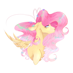 Size: 1024x1024 | Tagged: safe, artist:hoszzek, fluttershy, pegasus, pony, g4, chest fluff, female, floating wings, flower, flower in hair, mare, simple background, solo, white background, wings