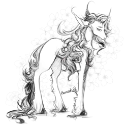 Size: 3000x3000 | Tagged: safe, artist:hoszzek, oc, oc only, pony, unicorn, black and white, grayscale, horn, monochrome, sketch, solo, unshorn fetlocks