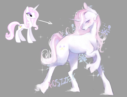 Size: 2600x2000 | Tagged: safe, artist:hoszzek, fleur-de-lis, pony, unicorn, g4, beauty mark, blushing, curved horn, female, fetlock tuft, gray background, horn, mare, simple background, solo