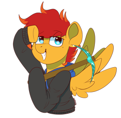 Size: 1869x1821 | Tagged: safe, artist:yourpennypal, oc, oc only, oc:cave glider, pegasus, bust, clothes, hoodie, looking at you, male, pegasus oc, pickaxe, portrait, salute, simple background, smiling, smiling at you, solo, spread wings, stallion, stallion oc, transparent background, wings