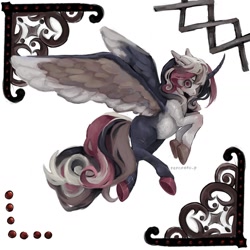 Size: 1440x1440 | Tagged: safe, artist:pepopero.p, oc, oc only, alicorn, pony, curved horn, ear piercing, earring, female, flying, horn, jewelry, mare, piercing, solo