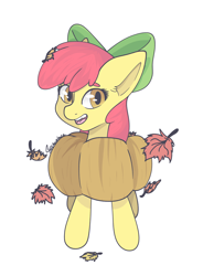 Size: 3230x4400 | Tagged: safe, artist:tkshoelace, apple bloom, earth pony, pony, mlp fim's fourteenth anniversary, g4, adorabloom, bow, cute, ear fluff, falling leaves, female, filly, floppy ears, foal, hair bow, leaves, pumpkin, simple background, solo, white background