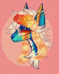 Size: 1440x1800 | Tagged: safe, artist:misty.mooon, oc, oc only, oc:juno, pony, abstract background, bust, chest fluff, circle background, colored eyelashes, colored pinnae, colored pupils, deer nose, female, floral head wreath, flower, glasses, jewelry, looking at you, mare, necklace, pale belly, round glasses, solo, two toned mane