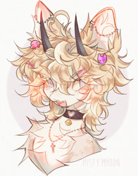 Size: 1155x1474 | Tagged: safe, artist:misty.mooon, oc, oc only, pony, abstract background, bell, bell collar, bust, chest fluff, collar, curved horn, ear piercing, earring, horn, horns, jewelry, necklace, piercing, solo