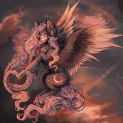 Size: 1440x1440 | Tagged: safe, artist:misty.mooon, oc, oc only, pegasus, pony, braid, crescent moon, ear piercing, earring, female, flying, jewelry, mare, moon, necklace, piercing, solo, spread wings, unshorn fetlocks, wings