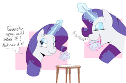 Size: 1544x1020 | Tagged: safe, artist:squeezy_squish, part of a set, rarity, pony, unicorn, g4, bust, eating, emanata, eyes closed, female, horn, looking sideways, magic, magic aura, passepartout, petit four, smiling, solo, speech bubble, story included, table, this will end in weight gain, weight gain sequence