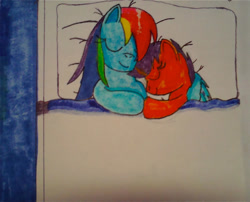 Size: 1024x827 | Tagged: safe, artist:gamerstunner27, rainbow dash, scootaloo, pegasus, pony, g4, bed, bedroom, cute, cutealoo, daaaaaaaaaaaw, dashabetes, duo, duo female, eyes closed, female, filly, foal, heartwarming, hug, mare, scootalove, sibling love, siblings, sisterly love, sisters, sleeping, sleeping together, smiling, wholesome, winghug, wings