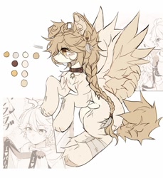 Size: 1254x1371 | Tagged: safe, artist:misty.mooon, human, pegasus, pony, adoptable, aether (genshin impact), bandage, collar, ear piercing, earring, female, genshin impact, jewelry, kinsona, mare, paimon (genshin impact), paws, piercing, ponified, spread wings, wings