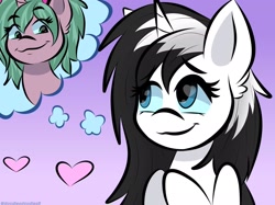 Size: 2048x1535 | Tagged: safe, artist:doodlesdoodles8, oc, oc only, oc:magicalmysticva, oc:shouka, unicorn, couple, cute, female, girlfriend, gradient background, heart, horn, lesbian, thinking, thought bubble, white body