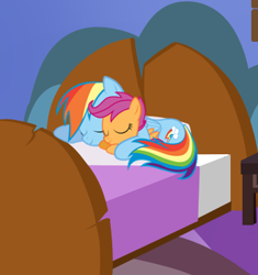 Size: 347x369 | Tagged: artist needed, safe, anonymous artist, artist:spiderkitty666, rainbow dash, scootaloo, pegasus, pony, fanfic:scootaloo's first concert, g4, bed, bedroom, cute, cutealoo, daaaaaaaaaaaw, dashabetes, duo, duo female, eyes closed, female, filly, foal, indoors, mare, scootadoption, scootalove, sibling love, siblings, sisterly love, sisters, sleeping, sleeping together, smiling, story included