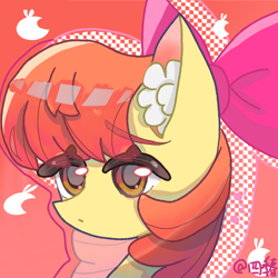 Size: 1080x1080 | Tagged: safe, artist:四季春, apple bloom, earth pony, pony, g4, bow, bust, clothes, ear fluff, female, filly, foal, gradient background, hair bow, patterned background, portrait, scarf, solo