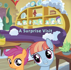 Size: 1096x1088 | Tagged: artist needed, safe, anonymous artist, artist:blueblitzie, artist:derphed2, scootaloo, windy whistles, pegasus, pony, fanfic:a surprise visit, g4, couch, cute, cutealoo, duo, duo female, female, filly, foal, grin, indoors, living room, looking at each other, looking at someone, mare, mother and child, mother and daughter, poster, potted plant, scootadoption, scootalove, smiling, smiling at each other, story included, table, windybetes