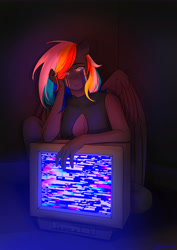 Size: 4961x7016 | Tagged: safe, artist:chrystal_company, oc, oc only, oc:darky wings, pegasus, pony, anthro, crying, error, glitch, light, solo, television