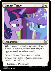 Size: 375x523 | Tagged: safe, edit, edited screencap, screencap, trixie, twilight sparkle, alicorn, unicorn, g4, no second prances, ccg, clothes, duo, duo female, female, hat, horn, magic the gathering, trading card, trading card edit, trading card game, trixie's hat, twilight sparkle (alicorn), twilight's castle