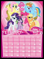 Size: 1684x2224 | Tagged: safe, artist:ravenevert, angel bunny, applejack, fluttershy, pinkie pie, rainbow dash, rarity, twilight sparkle, earth pony, pegasus, pony, rabbit, unicorn, g4, animal, applejack's hat, calendar, cowboy hat, february, hat, mane six, rainbow dash wearing applejack's hat, unicorn twilight